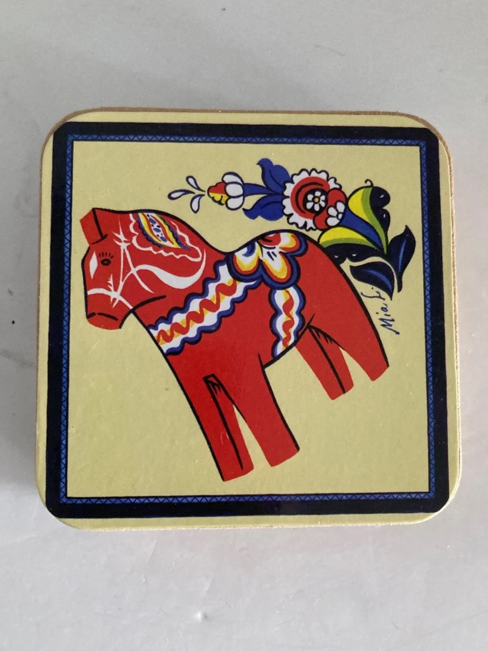Scandinavian Dala Horse Coasters Set of 6 Cork Back Signed Mia L Swedish EUC